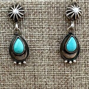 Vintage Signed Native American Turquoise & Sterling Silver Post Dangle Earrings
